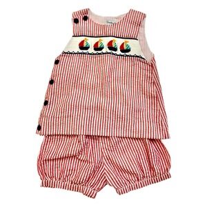 Smockingbird Sz 3 Red White Striped Sailboat Embroidered Smocked Bloomers Set